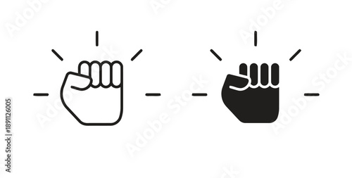 Fist raised icon, outline and solid black with radiating lines. Represents power, strength, protest, solidarity, resistance, and revolution.