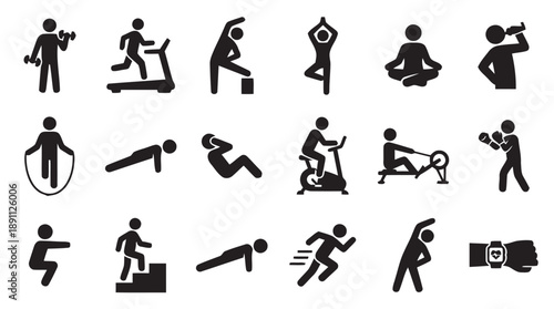 Fitness and exercise icons depicting people engaged in various physical activities like weightlifting running yoga cycling boxing and stretching for health and wellness themes