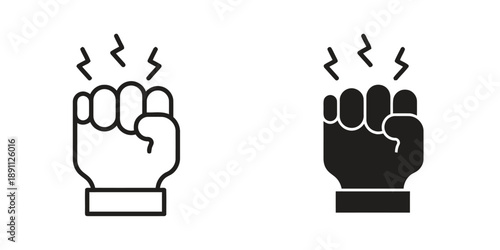 Fist icon outline and filled, with lightning bolts, signifying power, strength, protest, and anger, conveying energy and force, isolated on white background.