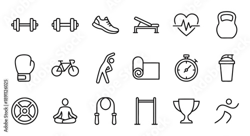 Fitness and sports icons in doodle style, including dumbbells, bench, running shoe, heart rate monitor, kettlebell, boxing glove, bicycle, yoga mat, stopwatch