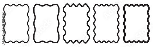 Five black frames with wavy, irregular, and jagged borders, creating an organic, hand-drawn, or distressed effect, suitable for unique artistic or vintage designs.