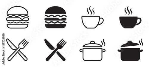 Food and drink icons including burgers coffee cups cooking pots and cutlery for restaurant cafe and culinary concept design elements