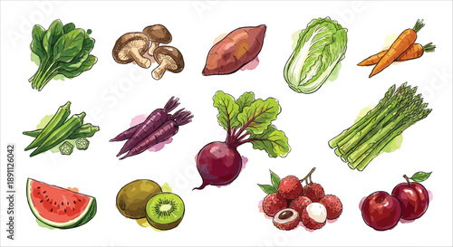 Hand-drawn watercolor vegetables and fruits illustration collection, isolated on white background