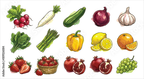 Hand-drawn watercolor vegetables and fruits illustration collection, isolated on white background