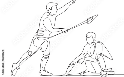 Man preparing to spear opponent kneeling on ground in combat scene illustration
