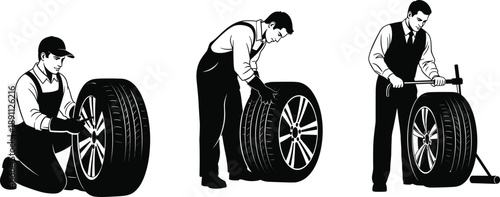 Auto mechanic silhouettes changing car tire set professional vehicle service maintenance repair process isolated on white background automotive workshop concept manual labor illustration