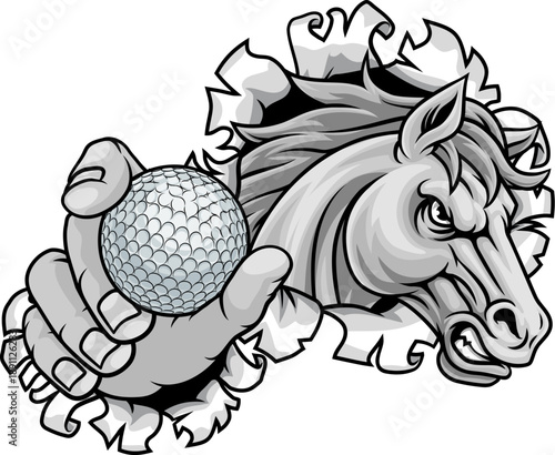 Horse mustang bronco stallion angry golf sports team mascot holding a ball.