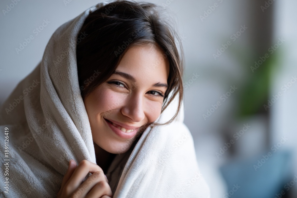 Fototapeta premium Smiling young caucasian female wrapped in cozy blanket indoors