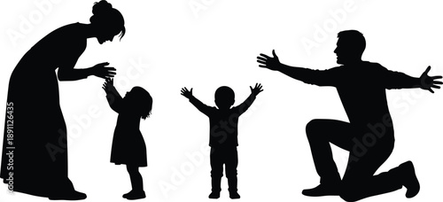 Happy family silhouettes parents welcoming children with open arms love care bonding parenting childhood concept isolated on white background emotional connection illustration