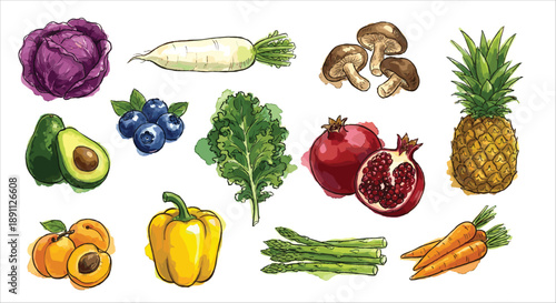 Hand-drawn watercolor vegetables and fruits illustration collection, isolated on white background