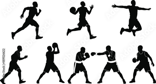 Athlete silhouettes performing sports actions running jumping basketball boxing dynamic movement fitness competition concept isolated on white background strength energy illustration