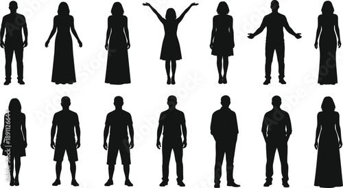 People silhouettes standing poses men and women collection diverse human figures isolated on white background body language lifestyle social illustration