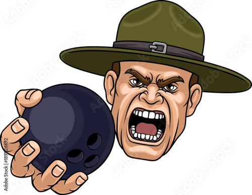 An angry drill instructor or sergeant bootcamp army soldier cartoon character holding bowling ball sports team mascot illustration.
