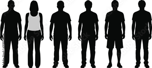 Men and women silhouettes standing front view casual clothing diverse body types people collection isolated on white background human figures comparison illustration
