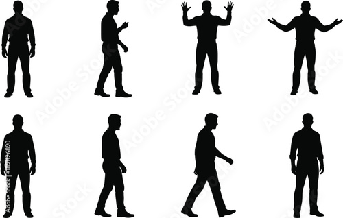 Male silhouettes standing walking and raising hands expressive gestures men body language collection isolated on white background human interaction illustration