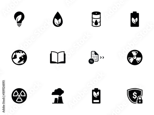 Set of Black Icons Representing Ecology Energy and Industrial Finance