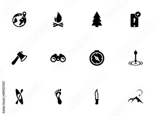 Detailed Icon Set Representing Camping Hiking and Outdoor Adventure Activities