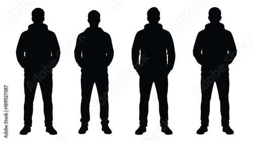 Four silhouetted figures stand in a row against a stark white background