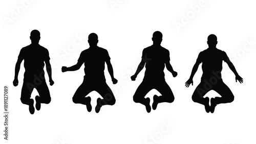 Four silhouettes of people performing yoga poses in a linear arrangement