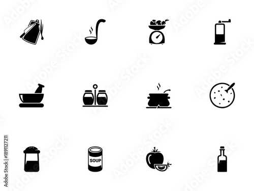 Monochrome Silhouette Icon Collection of Kitchen Utensils and Cooking Tools