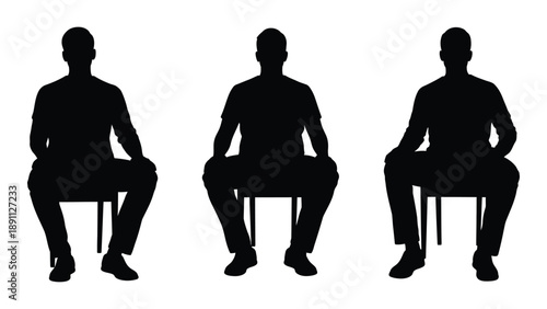 Three silhouetted figures are seated on chairs facing forward in a minimalist style