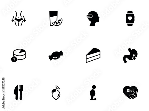Monochrome Silhouette Icon Collection for Diet Nutrition and Weight Management