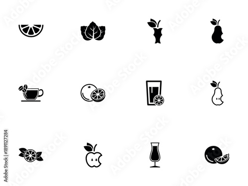 Monochrome Silhouette Icon Collection of Fresh Citrus Fruits and Vegetables