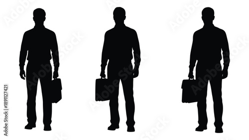 Three silhouetted figures of men in suits carrying briefcases are aligned