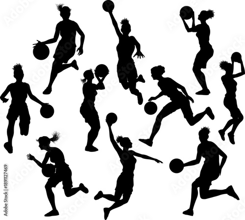 Silhouettes of women female basketball players in action. Set of dynamic poses including dribbling, shooting, and dunking. Ideal for sports graphics, design, or educational use.