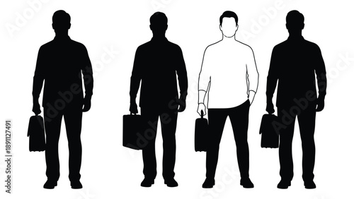 Four silhouetted figures of men with briefcases one highlighted in white