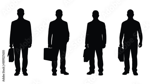 Four silhouetted businessmen with briefcases stand in a row representing corporate life