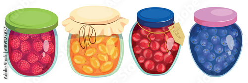  Set of sweet berry jam in cartoon style. Vector illustration of jars with lids, label, jam: raspberry, sea buckthorn, cranberry, blueberry, isolated on white background. Preservation for the winter. 