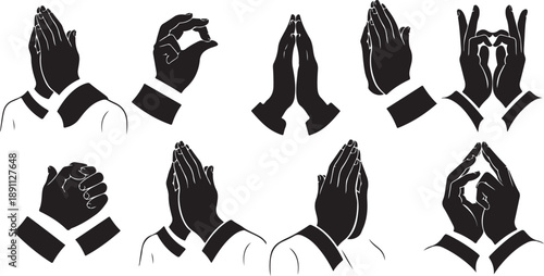 Various Praying Hand Gestures in Black Silhouette Vector Illustration