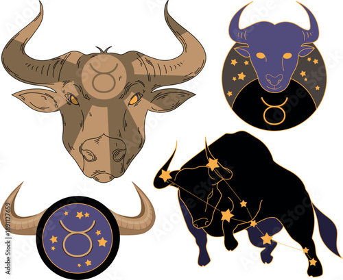 Vector illustration of the zodiac sign Taurus. Cartoon symbols of the zodiac sign Taurus: head and horns of a bull, dark silhouette of the constellation Taurus, stars, isolated on white background.