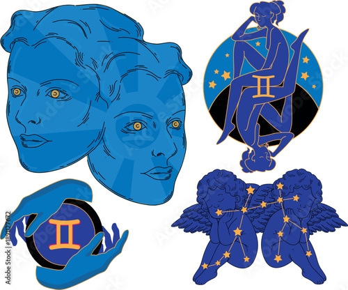 Vector illustration of astrological zodiac sign Gemini.Cartoon symbols of zodiac sign Gemini: beautiful faces, constellation Gemini,hands with astronomical symbols, stars,isolated on white background