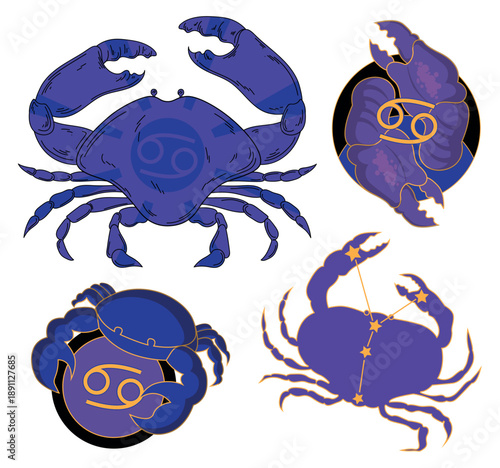 Vector illustration of astrological zodiac sign Cancer. Cartoon purple symbols of zodiac sign Cancer with claws: constellation Cancer, astronomical symbol, stars, isolated on white background.
