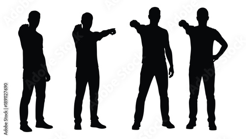 Four silhouetted figures of men in various dynamic poses against a white background
