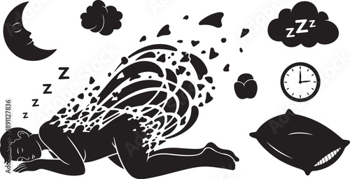 Person Sleeping Peacefully with Dreamy Nighttime Illustrations Around Them