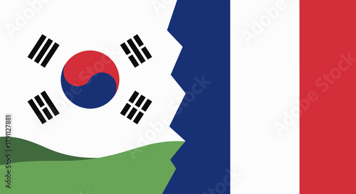 South Korea and France Flags Partnership Concept. Geometric Zigzag Connection of Korean and French National Banners for Diplomacy and Trade.