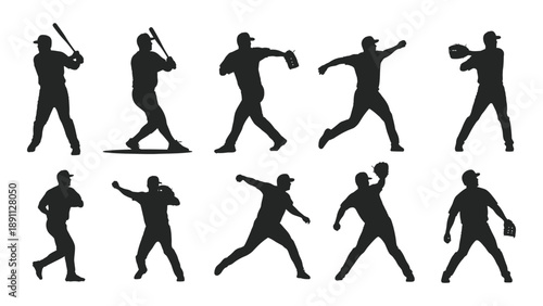 Silhouettes of a baseball player in various action poses demonstrating the sport s dynamic movements