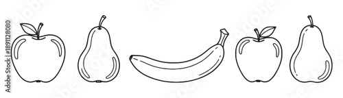 Fresh fruits assortment featuring apple pear and banana line drawing vector illustration for healthy food concepts and design elements