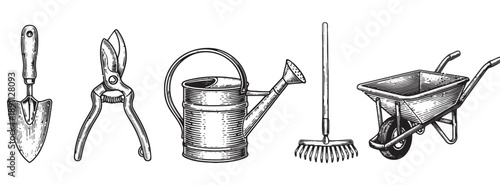 Gardening tools set, including shovel, pruning shears, watering can, rake, and wheelbarrow, sketch style, vector illustration, isolated on white background, graphic elements for design