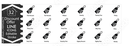 Discount percentage icons set, sale, percent sign, promotion, price reduction, special offer, deal, shopping, marketing, e commerce, savings, professional design editable stroke vector Illustration.