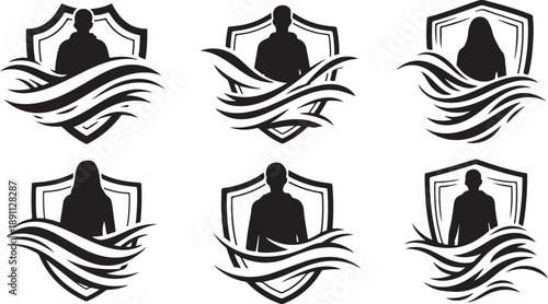 Set of six black and white security badges icons