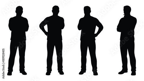 Four identical black silhouettes of men standing with arms crossed or on hips