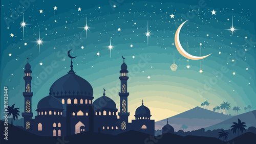 Islamic night scene with mosque domes and crescent moon under starry sky with sparkling lights and palm trees