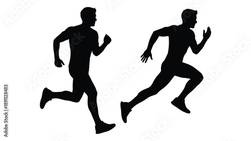 Two silhouettes of men running depicted in a simple black and white vector illustration