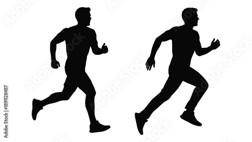 Two silhouettes of men running depicted in a stark black and white style