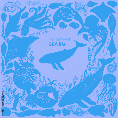 Vector sea animals silhouettes background. Decorative frame with whale, dolphin, octopus, sea horse, sea turtle, jellyfish, starfish, manta, eagle ray, nautilus