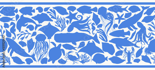Vector sea animals silhouettes seamless border. Decorative pattern with whale, dolphin, shark, octopus, crab, lobster, seahorse, sea turtle, jellyfish, starfish